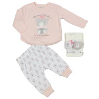 N14704: Baby Girls Bear Top & Trouser Outfit With 2 Wrist Rattles (0-9 Months)